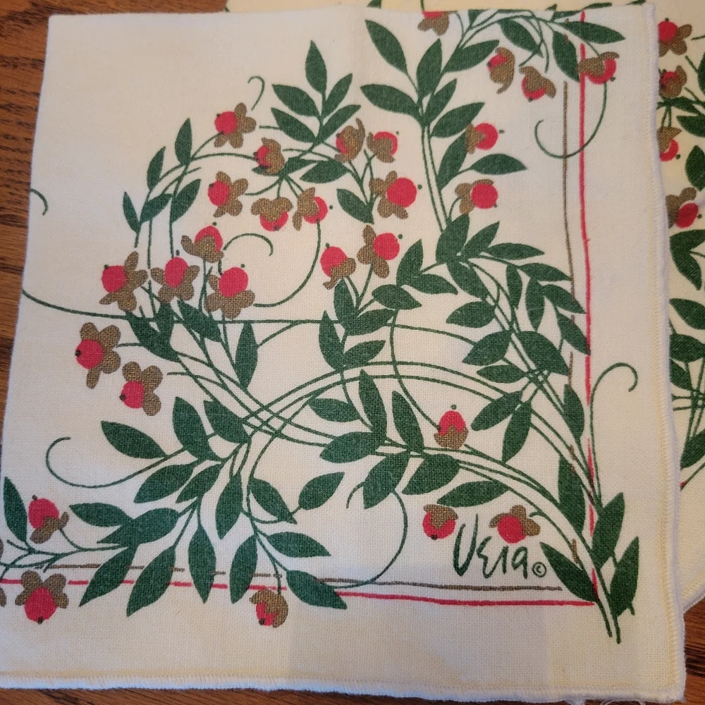 Vera Neumann Vintage Linen (?) Napkins (3) ~ Red Flowers Green Foliage ~ Pretty!